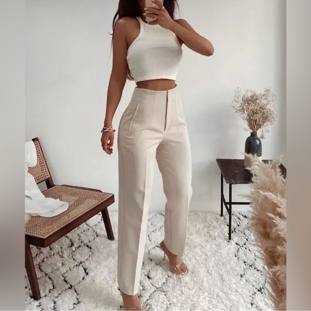 HIGH-WAISTED trousers - Zara - Oyster White